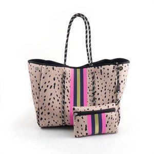 Beige Spotted Neoprene Tote Bag with Stripes